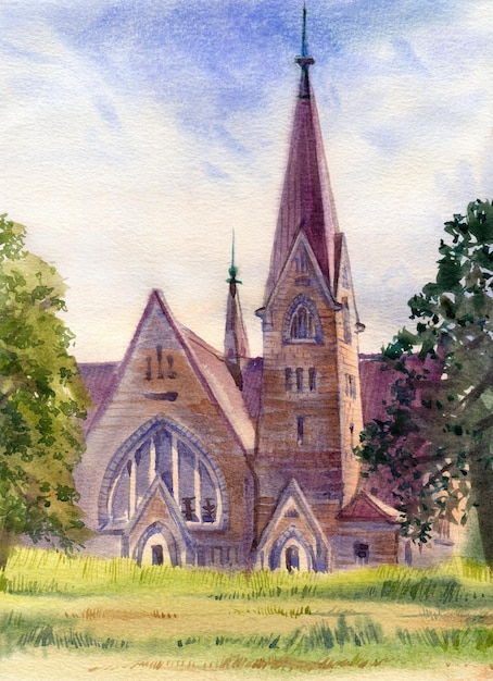 Watercolor illustration of landscape with old lutheran church