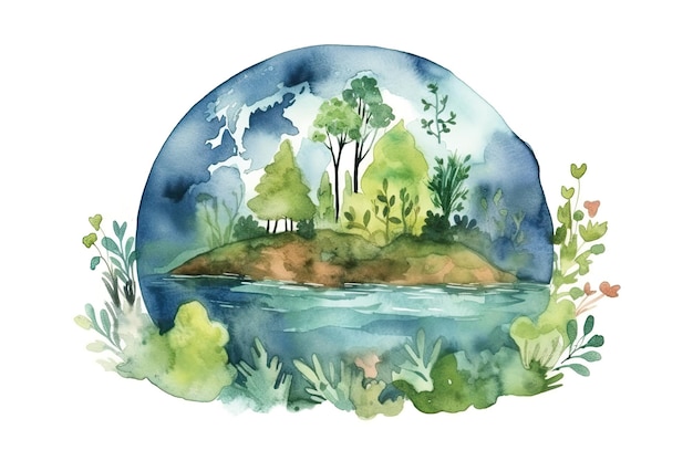 Watercolor illustration of a landscape with trees and the river.