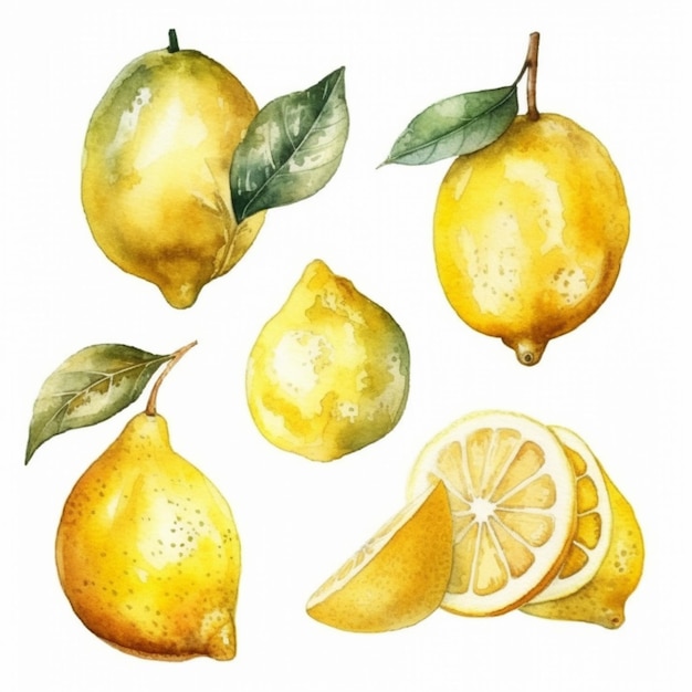 Photo a watercolor illustration of lemons with leaves