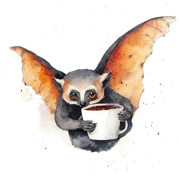 Watercolor Illustration of a Lemur Holding a Cup of Coffee