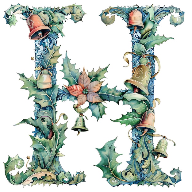 Photo watercolor illustration of the letter i adorned with christmas bells