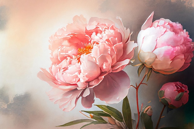 Watercolor illustration light pink peony flower on a stem with buds AI Generated