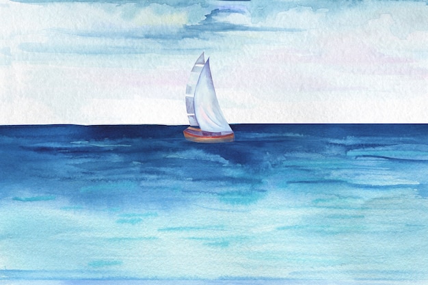 Watercolor illustration of a lighthouse standing on a rock in the sea or ocean among the waves