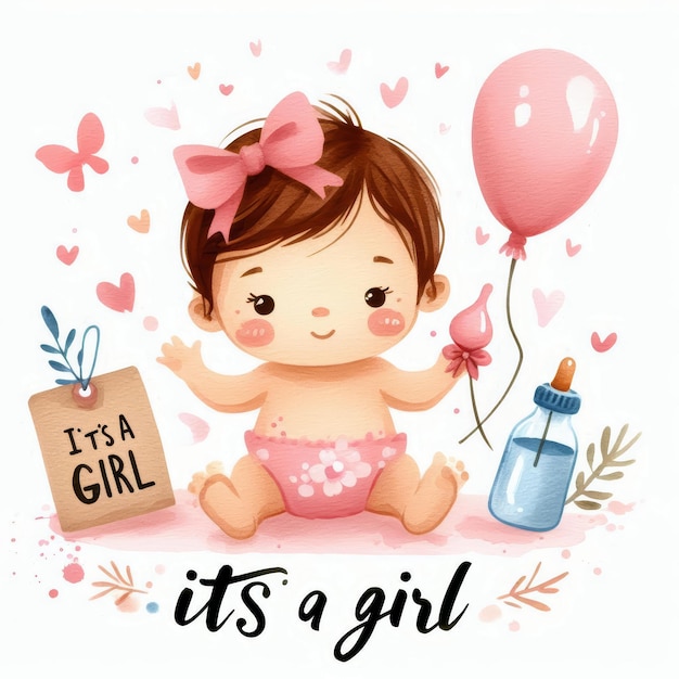 Photo watercolor illustration of a little baby girl