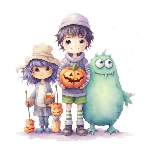 A watercolor illustration of a little girl and a boy holding a pumpkin and a green monster.