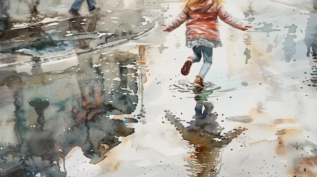 Watercolor illustration of a little girl jumping through puddles on a pedestrian street