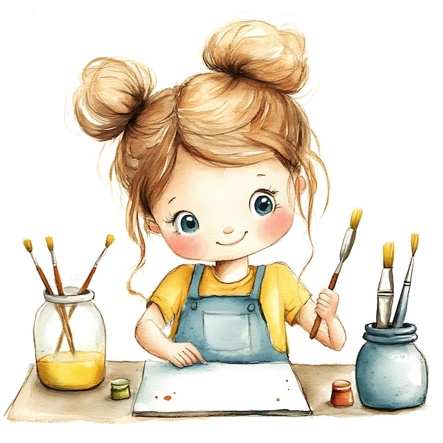 Photo watercolor illustration of a little girl painting with a paintbrush