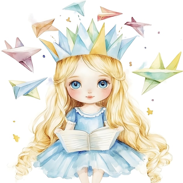 Watercolor illustration of a little girl with blonde hair wearing a crown and a blue dress reading a book