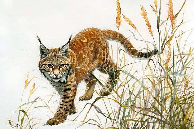 Photo watercolor illustration of a lynx walking through tall grass