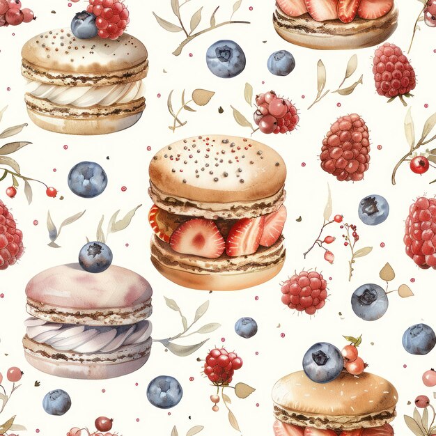 Photo watercolor illustration of macarons with berries on a white background