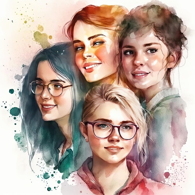 Watercolor illustration made with AI of a group of friends smiling