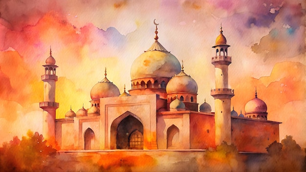 Watercolor Illustration of a Majestic Mosque at Sunset A Symbol of Spiritual Solitude and Cultural