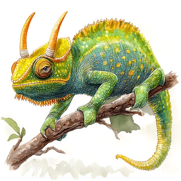 Photo watercolor illustration of a male oustalets chameleon on a branch