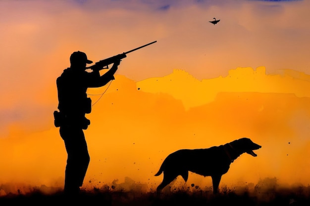 Watercolor illustration of a man with weapons in his hands a hunter with a dog Generative AI