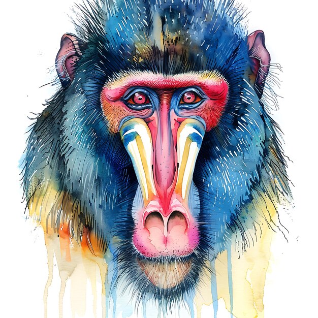 Watercolor Illustration of a Mandrill Monkeys Face