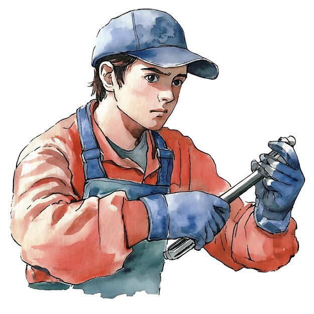 Watercolor Illustration of a Mechanic Working on a Car