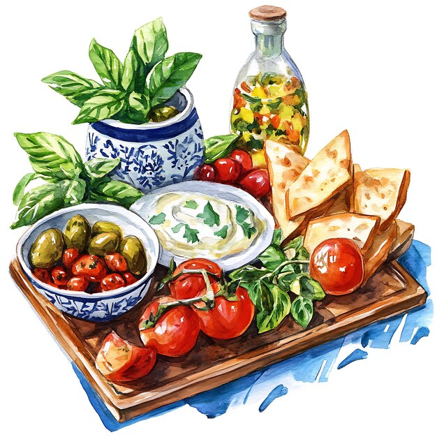 Photo watercolor illustration of a mediterranean appetizer platter with olives tomatoes bread and basil