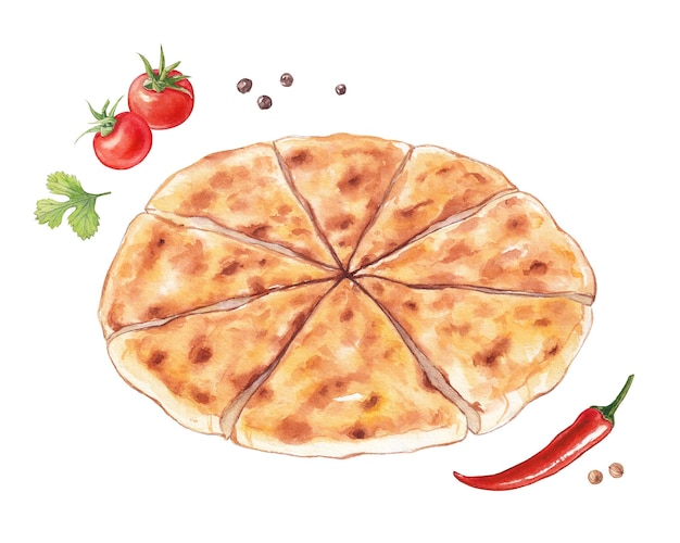 Watercolor illustration of Megrelian khachapuri