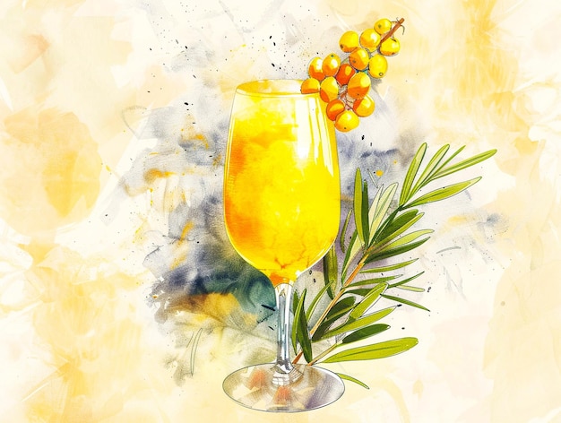 Photo watercolor illustration of a mimosa juice with mimosa flower