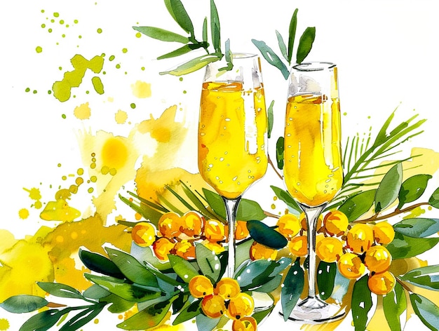 Photo watercolor illustration of a mimosa juice with mimosa flower