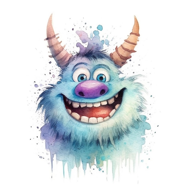 A watercolor illustration of a monster with horns and a blue nose.