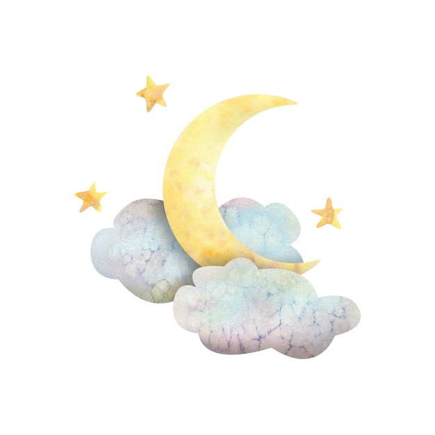 Watercolor illustration of the moon in clouds with stars The composition is cute cartoon isolated For design decoration of postcards banners souvenirs posters prints