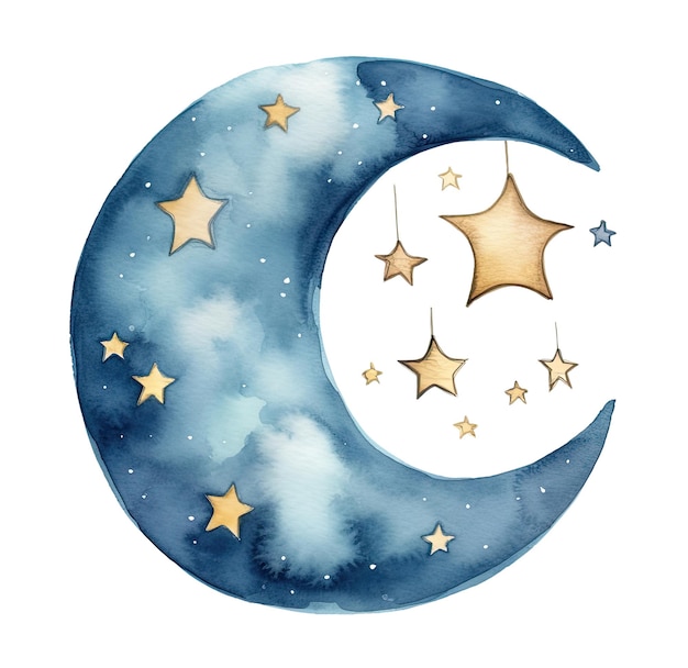 Watercolor illustration of a moon with stars isolated on white background Generative AI