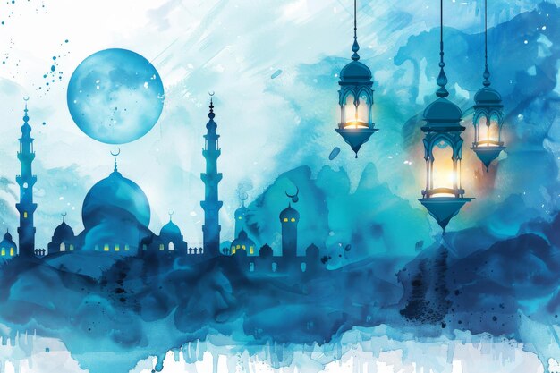 Photo watercolor illustration of mosque with blue tones on white background