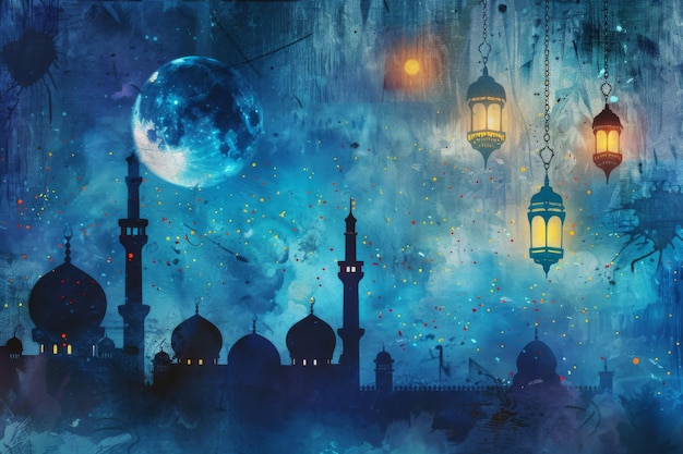 Photo watercolor illustration of mosque with blue tones on white background