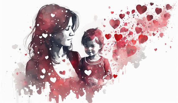 Watercolor illustration of mother and daughter or son surrounded by hearts