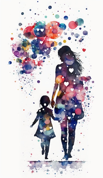 Watercolor illustration of mother and daughter or son surrounded by hearts