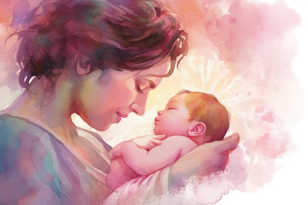 Watercolor illustration of mother holding newborn