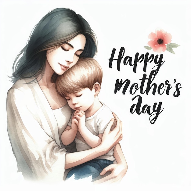 Watercolor illustration of mother and son with text happy mothers day