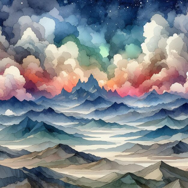 Watercolor Illustration of a Mountain Range painted in Generative