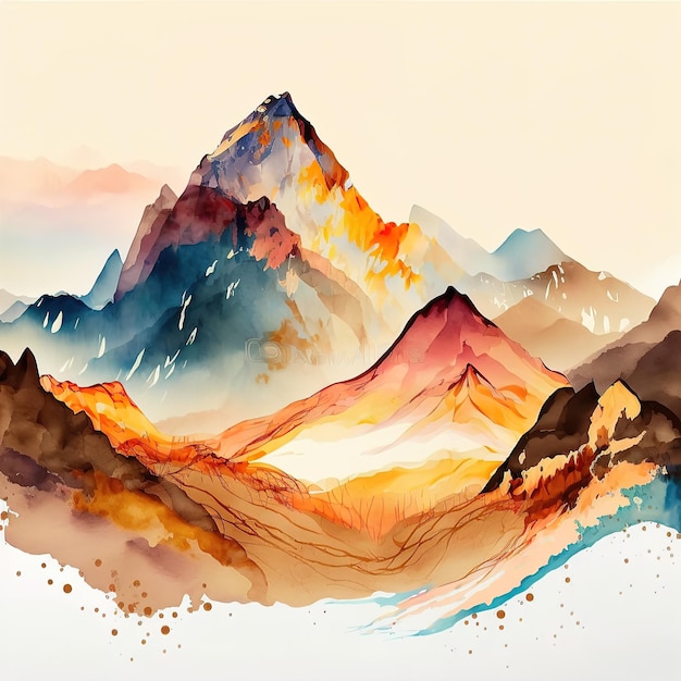 Watercolor illustration of a mountainous area in oriental style Wallpaper design 3d illustration