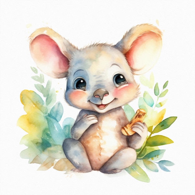 Watercolor illustration of a mouse holding a piece of cheese