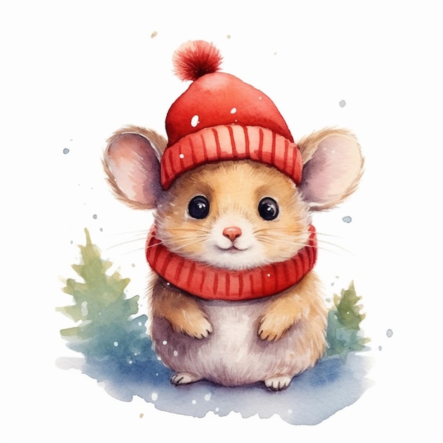 Watercolor illustration of a mouse wearing a red hat