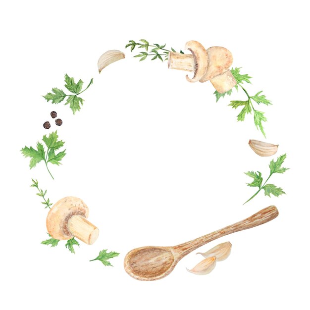 Watercolor illustration of mushroom soup Champignon Botanical illustration Food painting Frame