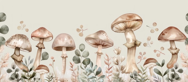 Watercolor Illustration of Mushrooms and Greenery