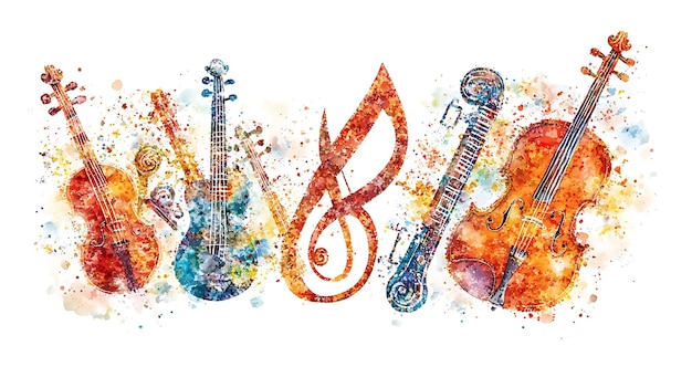 Photo watercolor illustration of musical instruments with treble clef