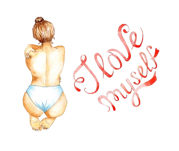 Photo watercolor illustration of a naked girl sitting with her back and hugging herself