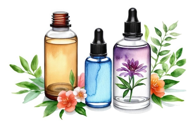 watercolor illustration of natural cosmetics three essence oil bottles on floral backdrop