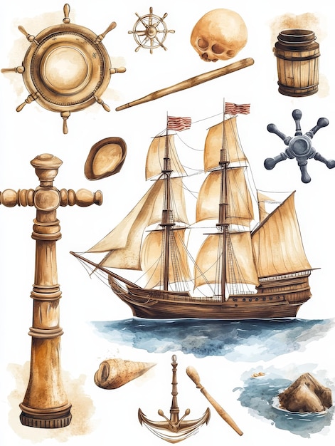 Watercolor Illustration of Nautical Objects