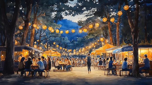 Watercolor Illustration of a Night Market Underneath String Lights