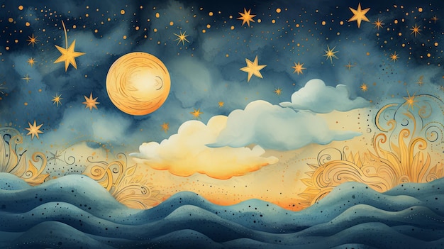 Photo watercolor illustration of a night sky with a moon stars and clouds over wavy hills