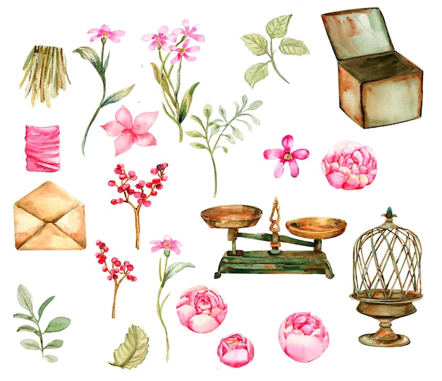 Photo watercolor illustration of old rusty green elements with pink roses