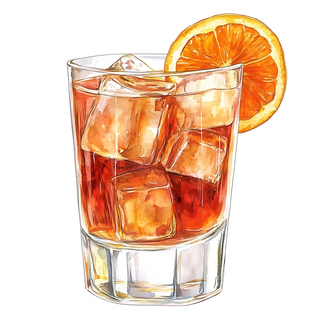 Watercolor illustration of an orange slice garnishing a glass of iced tea