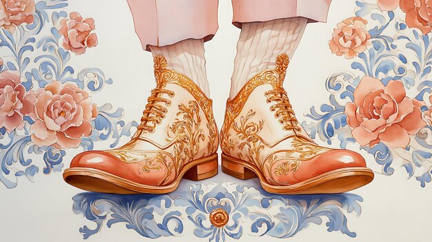 Watercolor Illustration of Ornate Shoes on a Floral Background