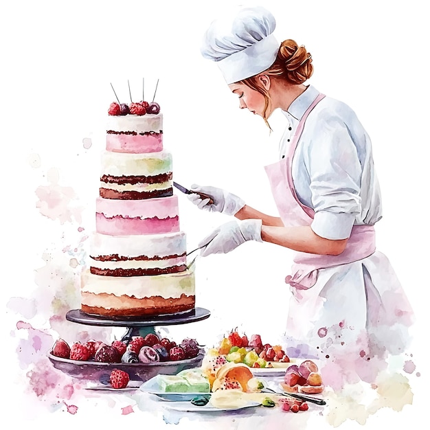 Photo watercolor illustration of a pastry chef cutting a beautiful wedding cake