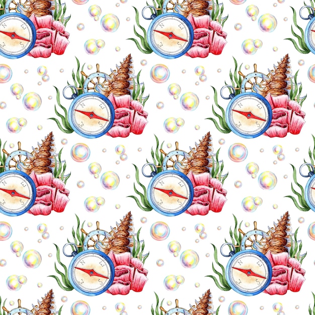 Watercolor illustration pattern on a marine theme Compass steering wheel shell coral seaweed and bubbles isolated from background Compositions for posters cards banners flyers covers playbills